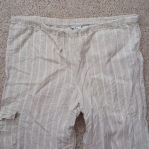 100% Linen Chico's Tan & White Stripe Pants Flowy Oversized Beach Summer Size 2